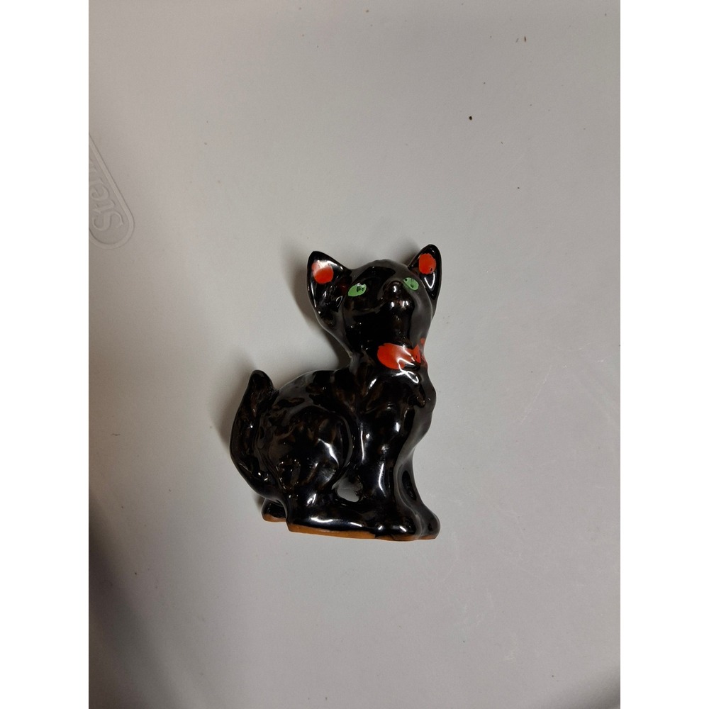 Vintage Ceramic Black Cat Figurine Green Eyes Red Bow Mid Century Kitsch 2.25"